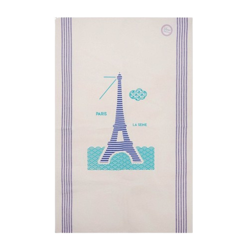 An "Eiffel Tower" tea towel from Les Parisettes, featuring an abstract drawing of the Eiffel Tower in turquoise horizontal stripes. In the background are blue swirls evocative of a sky and river, labeled "Paris" and "La Seine."