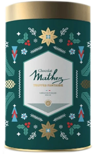 A green Christmas-themed tin containing 500 grams of cocoa-powdered chocolate truffles from Mathez. The tin is covered in abstract drawings of holly and pine trees.