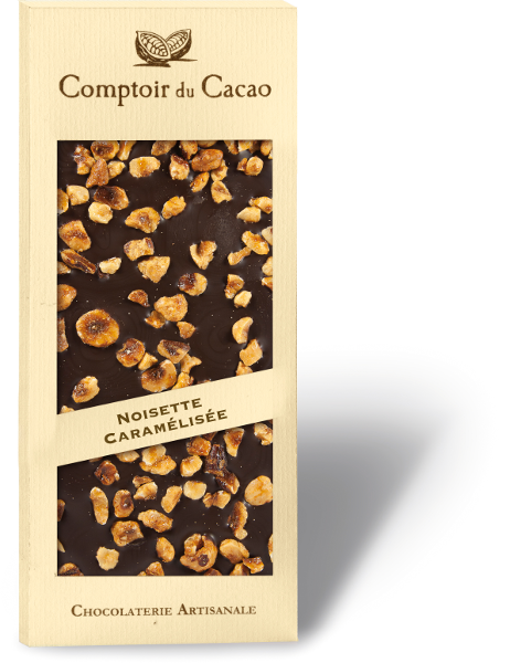 A 90 gram bar of dark chocolate with caramelized hazelnuts from Comptoir du Cacao.