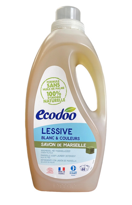 A 2000 milliliter bottle of Ecodoo's Marseille soap laundry detergent.