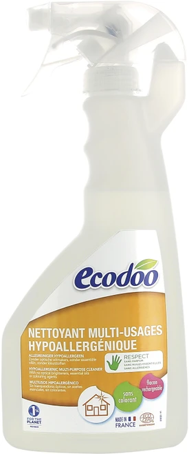 A 500 milliliter refillable spray bottle of Ecodoo's hypoallergenic multi-use cleaner.