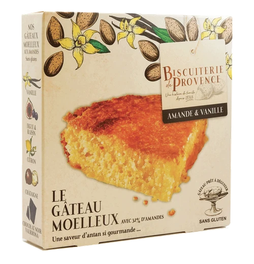 A 225 gram box of Biscuiterie de Provence's gluten free almond cake with vanilla.