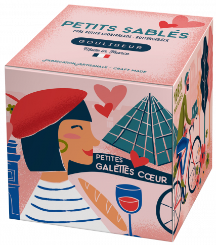 A 120 gram "French Love" tin of mini shortbread cookies from Goulibeur. The tin features an illustration of a person in a beret blowing kisses.
