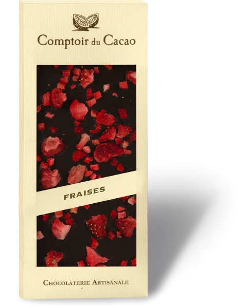 A 90 gram bar of dark chocolate with dried strawberries from Comptoir du Cacao.