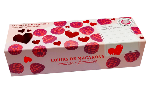 A 90 gram box of heart-shaped almond macarons with raspberry pieces from Biscuiterie de Provence.
