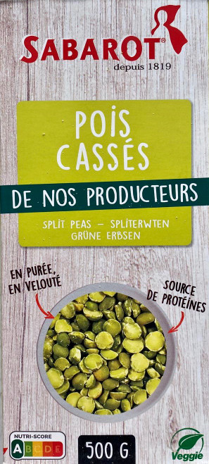 A 500 gram box of green split peas from Sabarot.