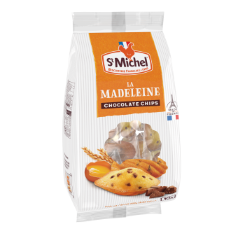 A 250 gram bag of individually wrapped madeleines with chocolate chips from St Michel.