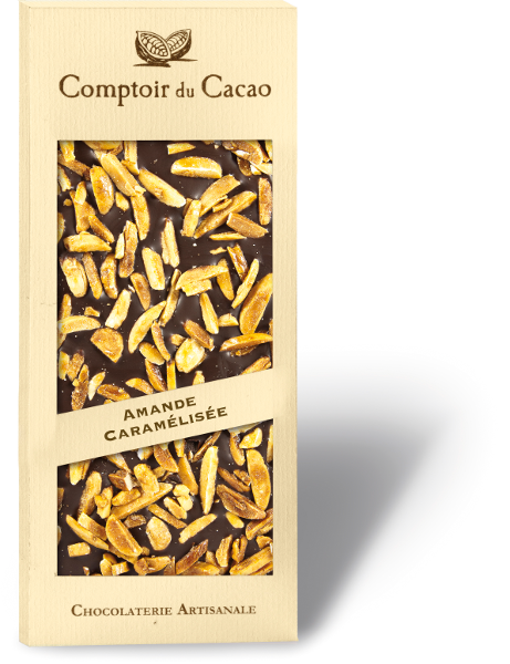A 90 gram bar of dark chocolate with caramelized almonds from Comptoir du Cacao.