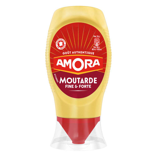A squeeze bottle containing 265 grams of Amora mustard.
