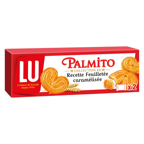 A 100 gram box of LU's "Palmito" cookies, a layered biscuit shaped like a heart.