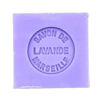 A 100 gram light purple colored cube of Senteurs de France's lavender-scented Marseille cube. The cube is embossed with the words, "Savon de lavende Marseille."