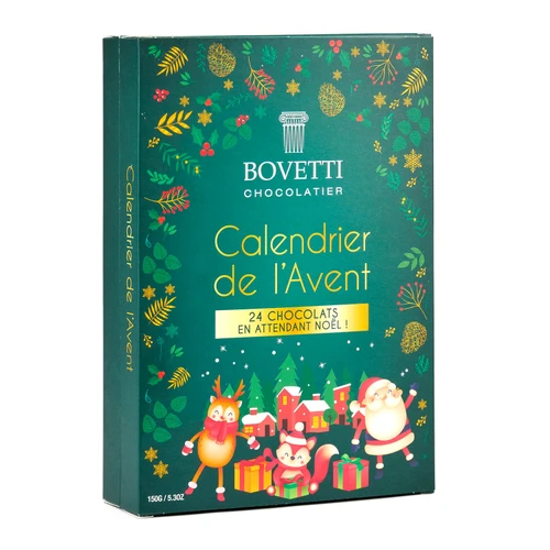 A green Advent calendar from Bovetti containing 150 grams of chocolate pieces, one for each of the 24 days of Advent. The front of the calendar has an image of Santa next to a fox and deer, surrounded by presents.