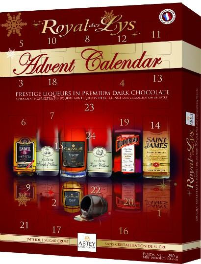 A red "Royal de Lys" Advent calendar from Abtey. Each of the 24 days has a single liqueur-filled dark chocolate inside, totaling to 290 grams of chocolate.