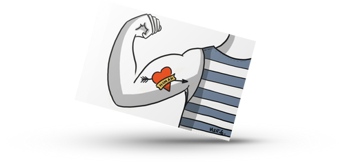 A card featuring an illustration of a flexed bicep that has a tattoo of a heart with an arrow through it. The heart is labeled "Maman."