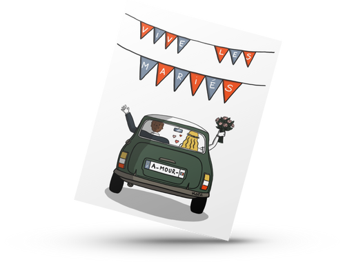 A card featuring an illustration of a newly married couple driving away from their wedding to their honeymoon. Above the car is a banner that reads, "vive les mariés."