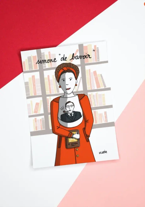 A poster of a minimalist illustration of Simone de Bavoir hung askew on a red and white wall.