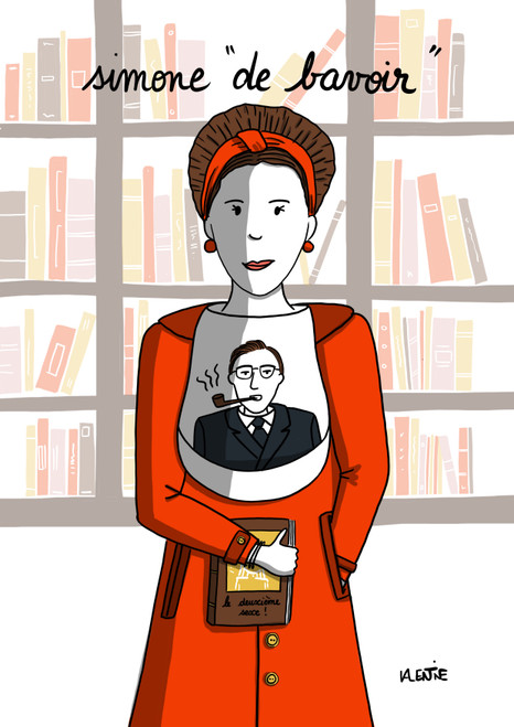 A minimalist illustration of Simone de Bavoir. She stands in front of a bookcase and is wearing a red dress and a bib that bears the likeness of Jean-Paul Sartre.