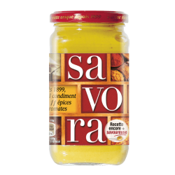 A 385 gram jar of Savora's "Condiment," a mustard yellow sauce.