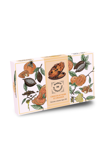 A box containing 12 Florentine cookies, covered in dark chocolate and candied oranges, from Maison de Florentins. The box depicts a colored pastiche of bees crawling across a foreground of split cacao fruit, oranges, and honey dippers.