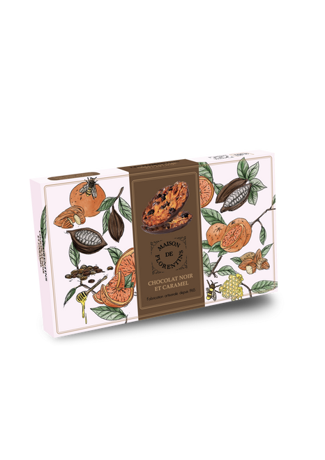 A box containing 12 Florentine cookies, covered in dark chocolate and caramel, from Maison de Florentins. The box depicts a colored pastiche of bees crawling across a foreground of split cacao fruit, oranges, and honey dippers.