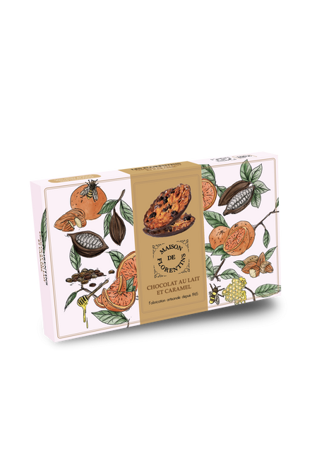 A box containing 12 Florentine cookies, covered in milk chocolate and caramel, from Maison de Florentins. The box depicts a colored pastiche of bees crawling across a foreground of split cacao fruit, oranges, and honey dippers.