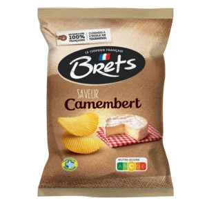 A 125 gram bag of of Camembert flavored potato chips from Brittany, made by Brets.