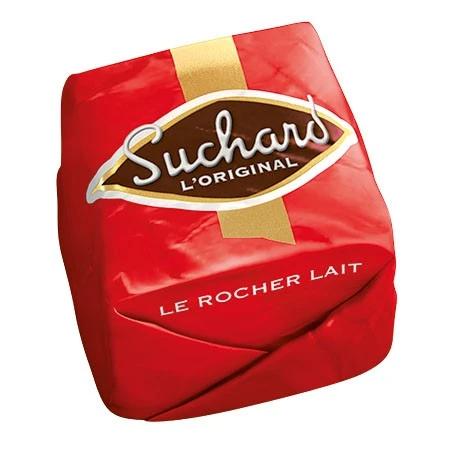 An individual milk chocolate Suchard Rochers, sold in sets of six. The square chocolate is covered with an elegant red wrapper.