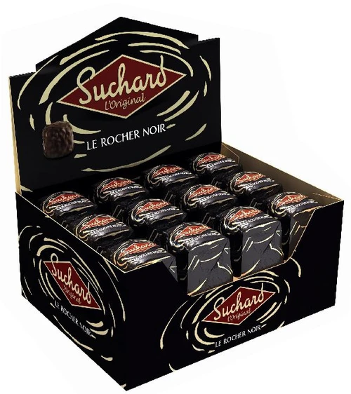 An box of 24 dark chocolate Suchard Rochers. The square chocolates are individually covered with elegant black wrappers.