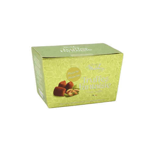 A lime-green box containing 250 grams of cocoa-powdered truffles with pistachio from Mathez.
