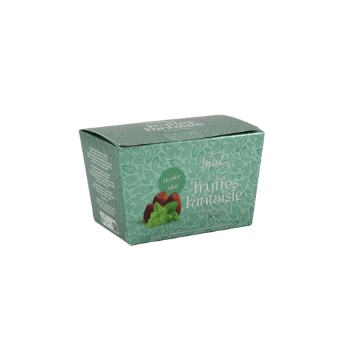 A green box containing 250 grams of cocoa-powdered truffles with mint from Mathez.