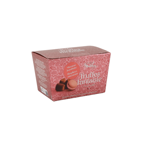 A pink box containing 250 grams of cocoa-powdered truffles with raspberry macarons from Mathez.