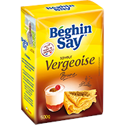 A 500 gram bag of brown vergeoise, or dark caramelized beet sugar, from Béghin Say.