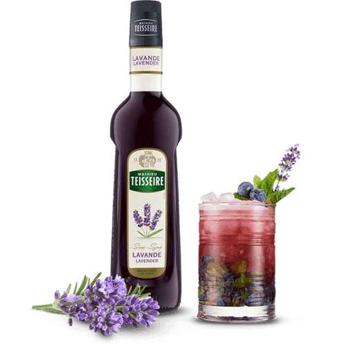 A 70 centiliter glass bottle of lavender syrup from Teisseire.