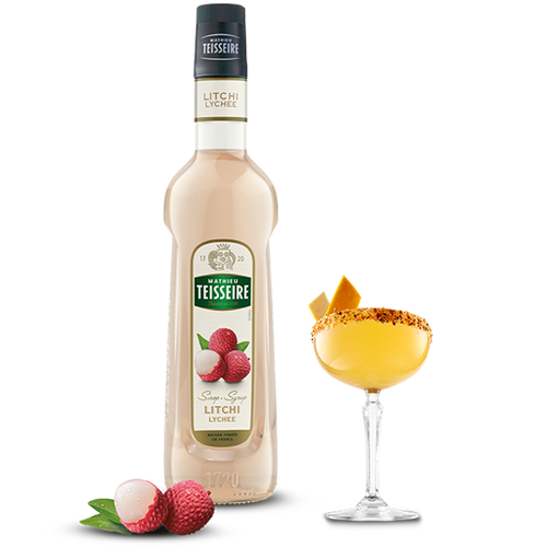 A 70 centiliter glass bottle of lychee syrup from Teisseire.