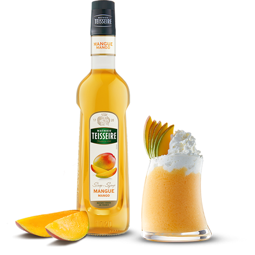 A 70 centiliter glass bottle of mango syrup from Teisseire.