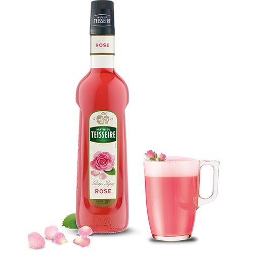 A 70 centiliter glass bottle of rose syrup from Teisseire.