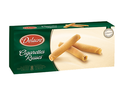 A 230 gram box of cigarette russe cookies from Delacre. The box has a photo of several thin, wafer-like cookies rolled into a cigarette shape.