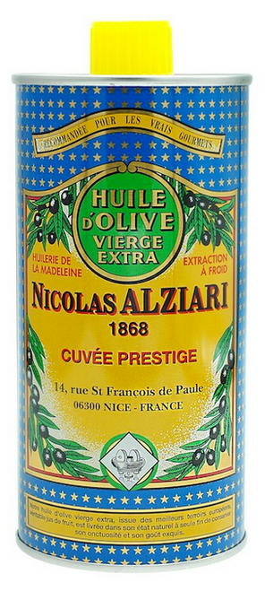 A 50 centiliter can of "Cuvée Prestige" extra virgin olive oil from Alziari.