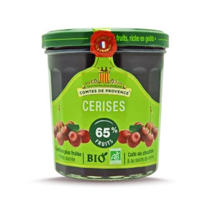 A green 350 gram jar of organic cherry spread from Les Comtes de Provence. The spread is dark red.