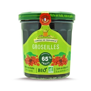 A green 350 gram jar of organic redcurrant jelly from Les Comtes de Provence. The jelly is dark red.