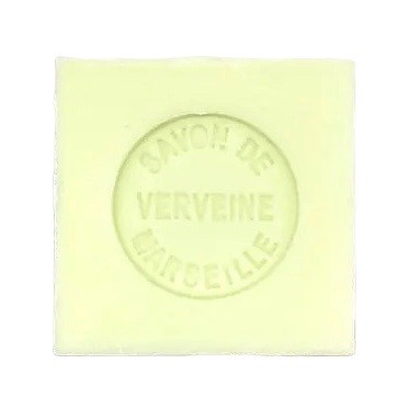 A 100 gram light yellow colored cube of Senteurs de France's verbena-scented Marseille cube. The cube is embossed with the words, "Savon de verveine Marseille."