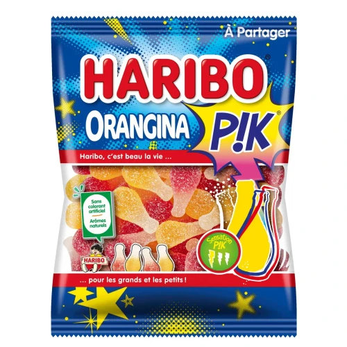 A 250 gram bag of Haribo's Orangina Pik gummies. The orange and red gummies are shaped like soda bottles.