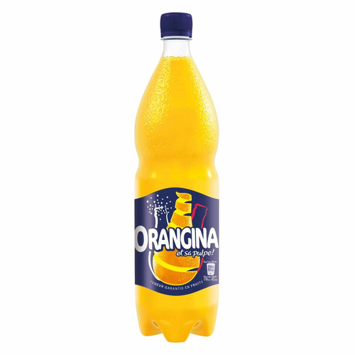 A 150 centiliter bottle of Orangina original citrus soda.
