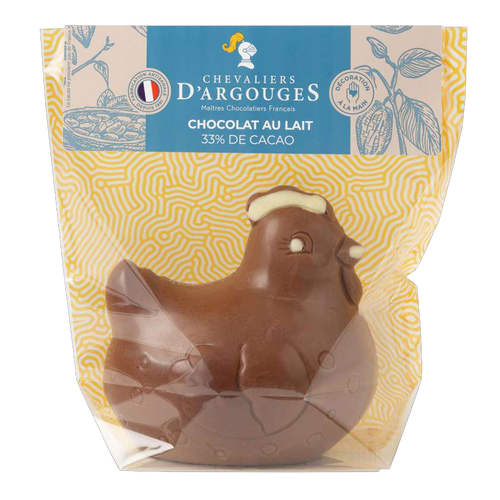 A 115 gram milk chocolate hen from Chevaliers d'Argouges. The hen has a white chocolate beak, eyes, and comb.