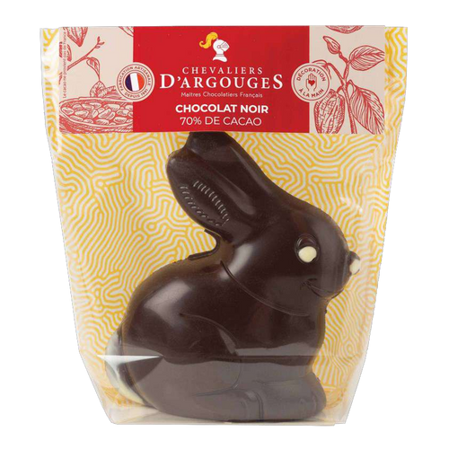 A 115 gram dark chocolate bunny from Chevaliers d'Argouges. The bunny has a white chocolate nose and eyes.