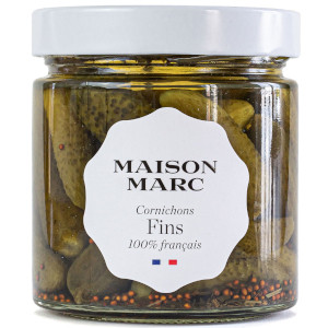 A 210 gram round glass jar of "cornichons fins," small gherkins, from Maison Marc.