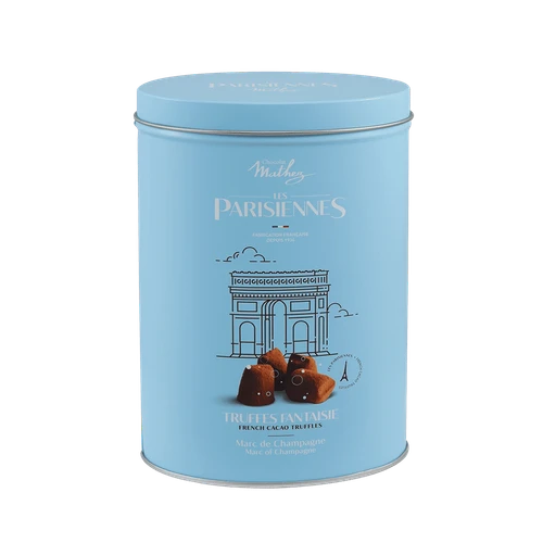 A light blue oval-shaped "Les Parisiennes" tin from Mathez containing 200 grams of chocolate truffles with Champagne. On the front is a sketch of l'Arc de Triomphe.
