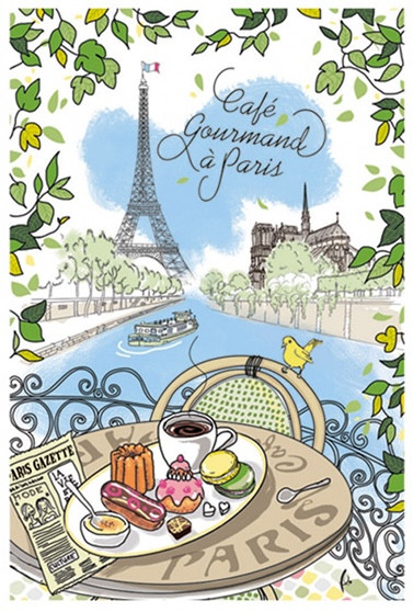 The "Café Gourmand à Paris" tea towel from Winkler. The illustration on the towel depicts a table at a cafe with a newspaper, coffee, and an assortment of French pastries. In the background is a waterway leading to the Eiffel Tower.