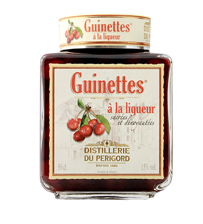 A square 50 centiliter jar of guinettes, cherries in liqueur, from Distillerie du Périgord.