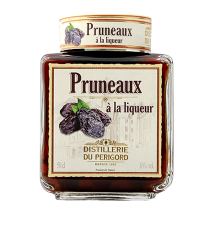 A square 50 centiliter jar of prunes in liqueur from Distillerie du Périgord.